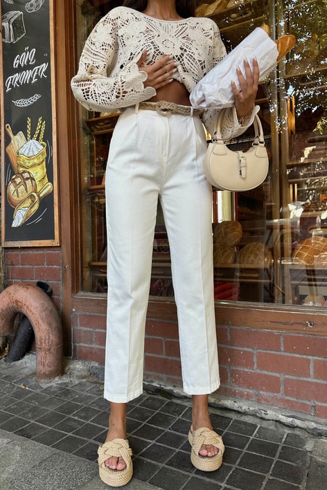 Hasır Örgü Kemer Havuç Pantolon Beyaz