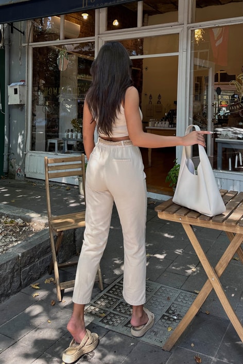 Hasır Örgü Kemer Havuç Pantolon Taş