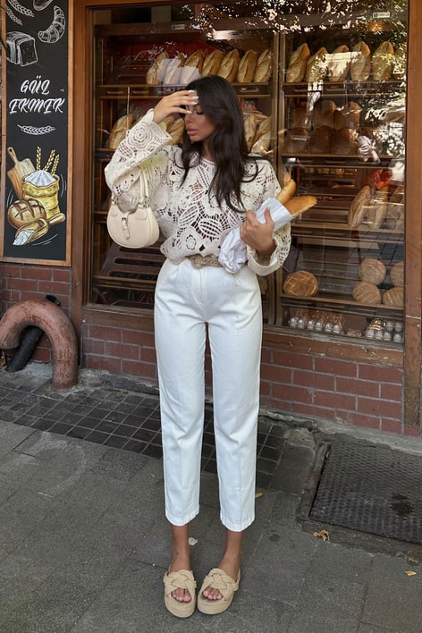 Hasır Örgü Kemer Havuç Pantolon Beyaz