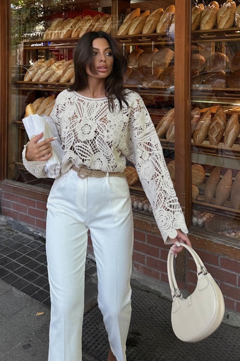 Hasır Örgü Kemer Havuç Pantolon Beyaz