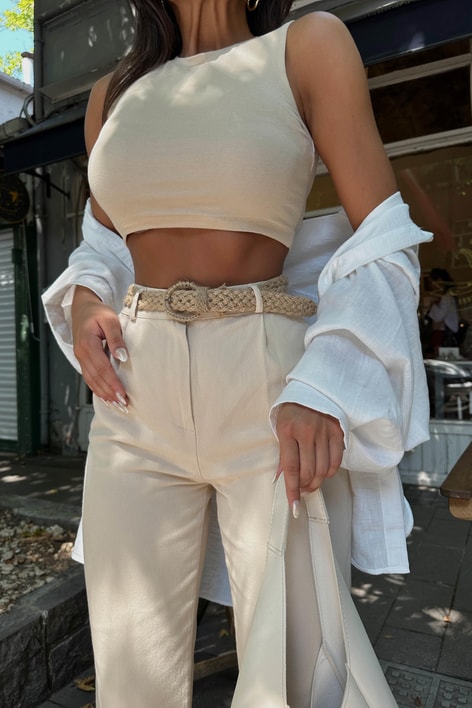 Hasır Örgü Kemer Havuç Pantolon Taş