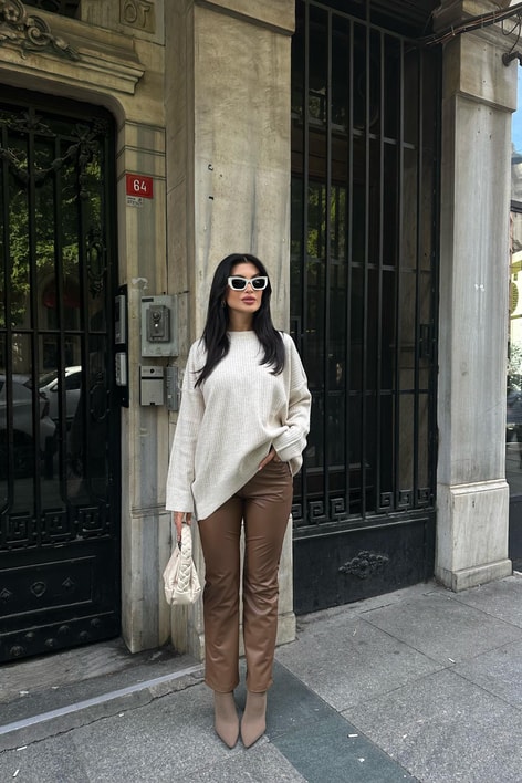 İspanyol Crop Kesim Deri Pantolon Kahve