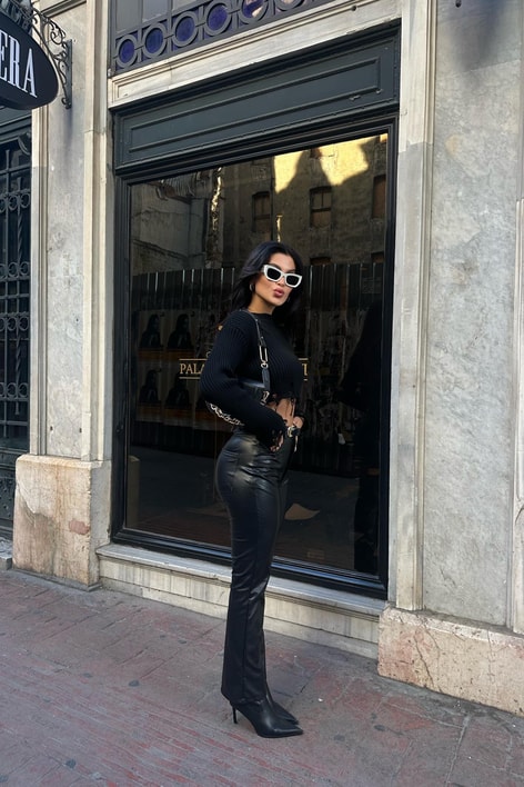 İspanyol Crop Kesim Deri Pantolon Siyah