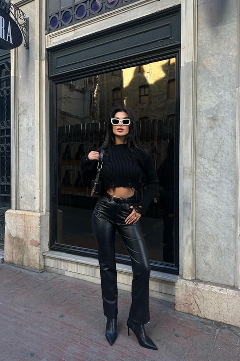 İspanyol Crop Kesim Deri Pantolon Siyah