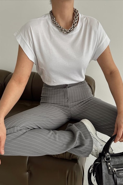 İspanyol Paça Çizgili  Pantolon Gri
