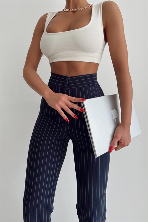 İspanyol Paça Çizgili  Pantolon Lacivert