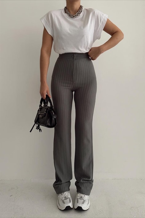 İspanyol Paça Çizgili  Pantolon Gri