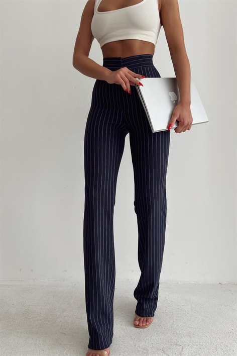 İspanyol Paça Çizgili  Pantolon Lacivert