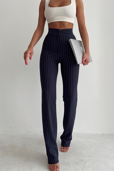 İspanyol Paça Çizgili  Pantolon Lacivert