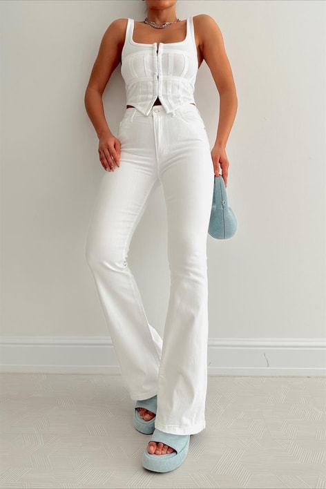 İspanyol Paça Gabardin Pantolon Beyaz