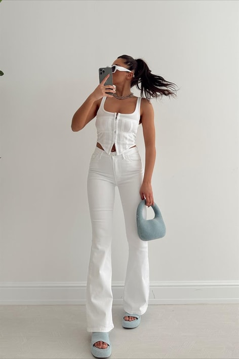 İspanyol Paça Gabardin Pantolon Beyaz