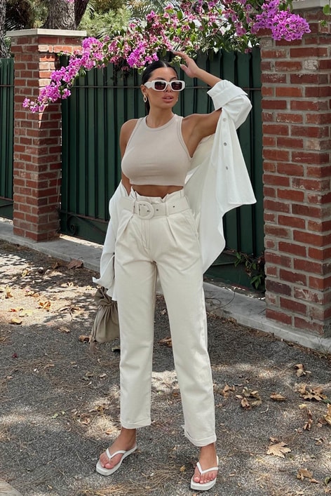 Kalın Kemerli Naturel Pantolon Taş