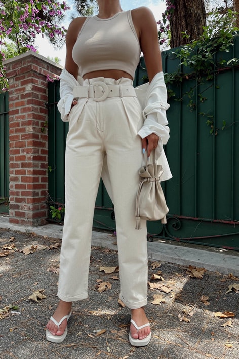 Kalın Kemerli Naturel Pantolon Taş