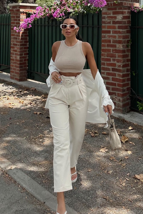 Kalın Kemerli Naturel Pantolon Taş