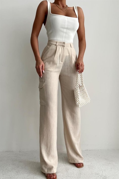 Kargo Cepli Pileli Palazzo Pantolon Taş