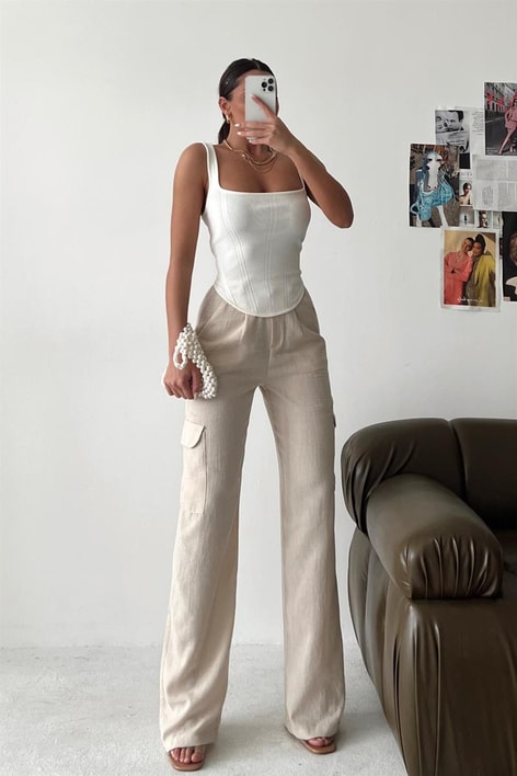 Kargo Cepli Pileli Palazzo Pantolon Taş