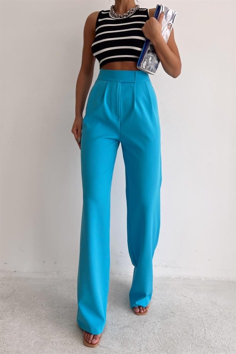 Kemer Kapamalı Palazzo Pantolon Mavi