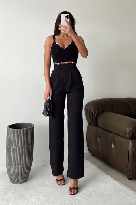 Kemer Kapamalı Palazzo Pantolon Siyah