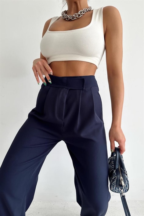 Kemer Kapamalı Palazzo Pantolon Lacivert