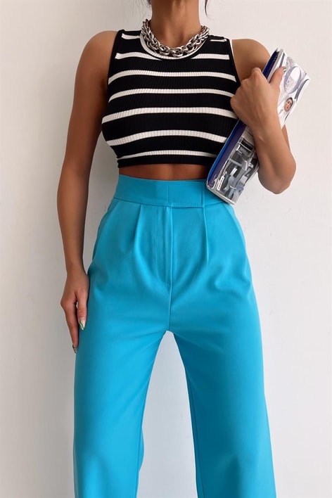 Kemer Kapamalı Palazzo Pantolon Mavi