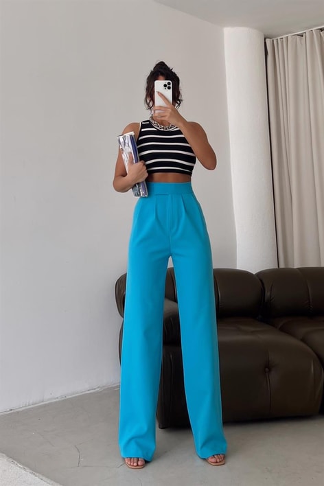 Kemer Kapamalı Palazzo Pantolon Mavi