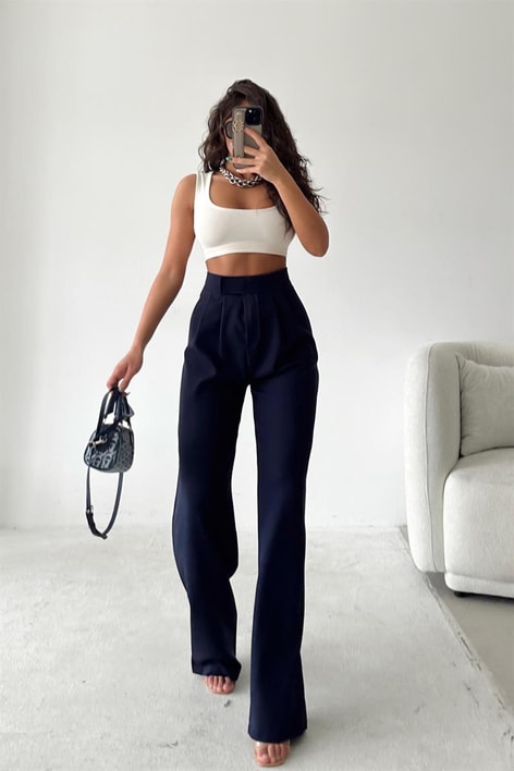 Kemer Kapamalı Palazzo Pantolon Lacivert
