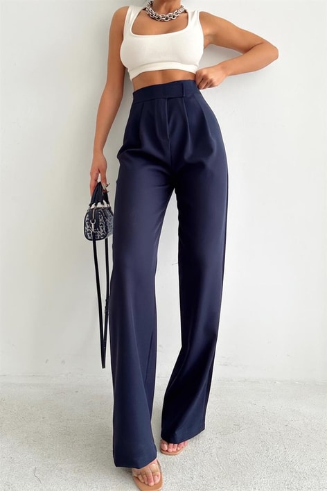 Kemer Kapamalı Palazzo Pantolon Lacivert