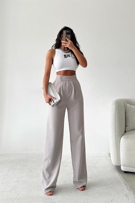 Kemer Kapamalı Palazzo Pantolon Gri