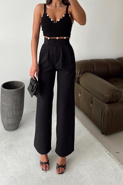 Kemer Kapamalı Palazzo Pantolon Siyah