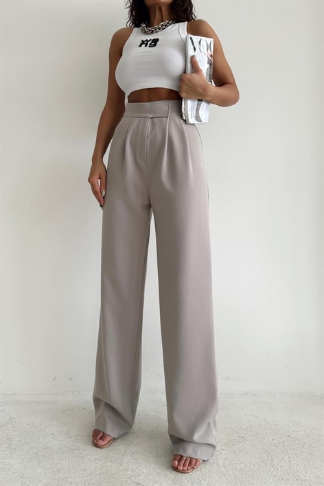 Kemer Kapamalı Palazzo Pantolon Gri