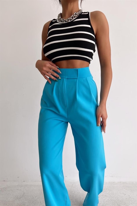 Kemer Kapamalı Palazzo Pantolon Mavi