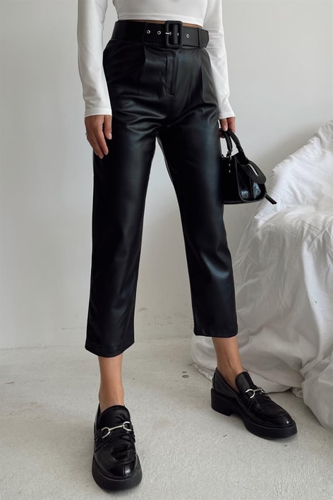 Kemerli Deri Pantolon Siyah