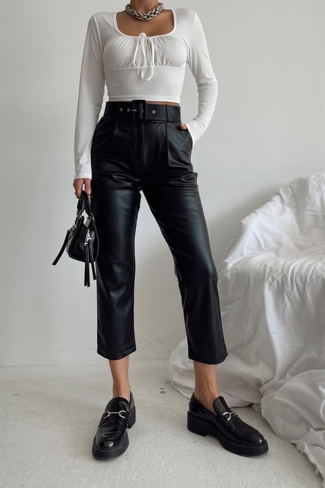 Kemerli Deri Pantolon Siyah