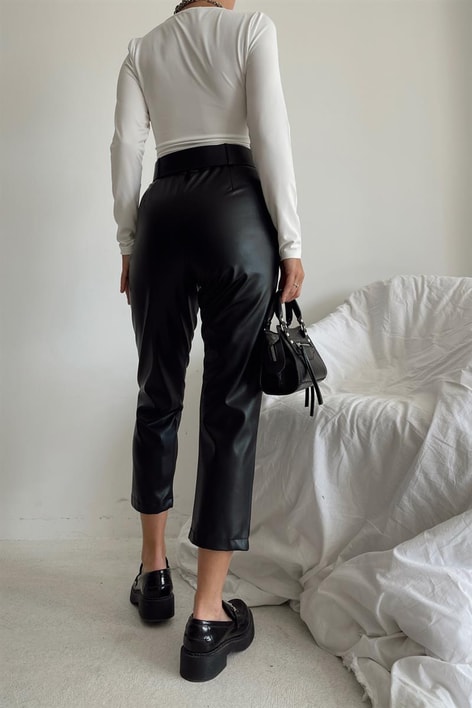 Kemerli Deri Pantolon Siyah