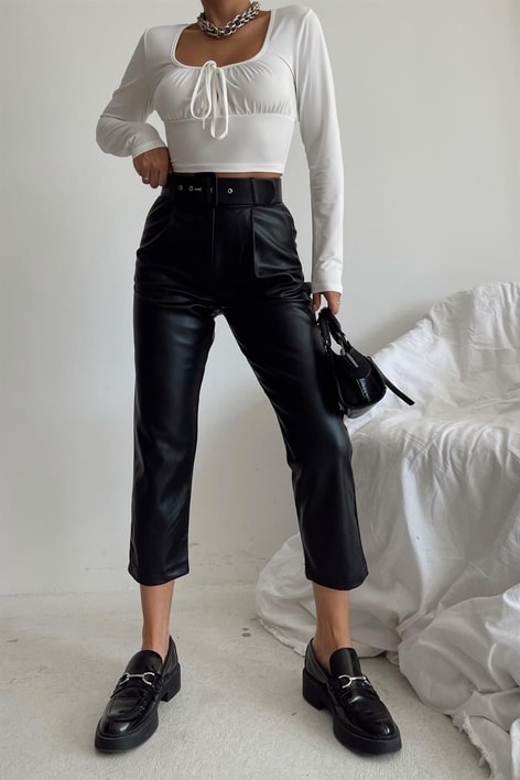 Kemerli Deri Pantolon Siyah