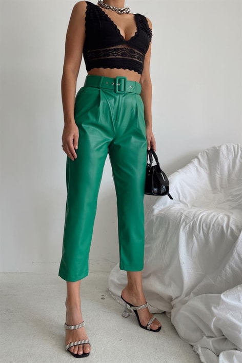 Kemerli Deri Pantolon Yeşil