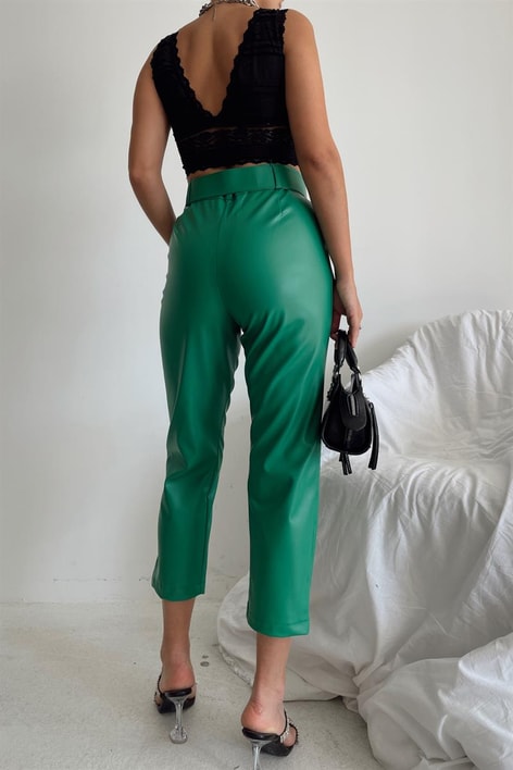 Kemerli Deri Pantolon Yeşil