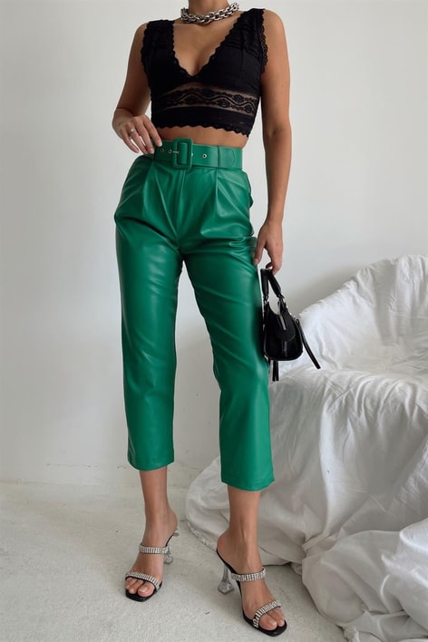Kemerli Deri Pantolon Yeşil