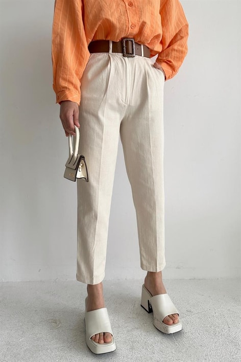 Kemerli Ham Keten Balon Pantolon Taş