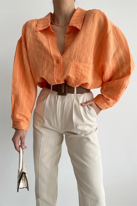 Kemerli Ham Keten Balon Pantolon Taş