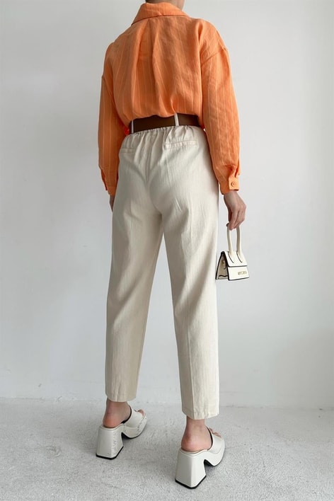 Kemerli Ham Keten Balon Pantolon Taş