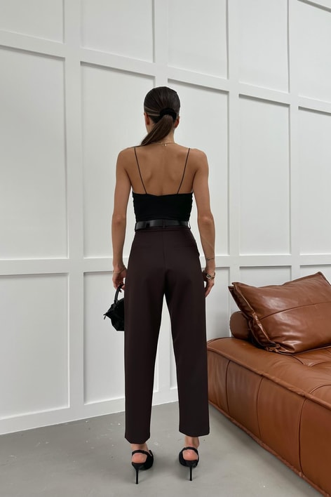 Kemerli Kumaş Pantolon Acı Kahve
