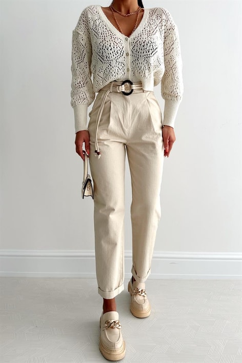 Kemerli Naturel Pantolon Taş