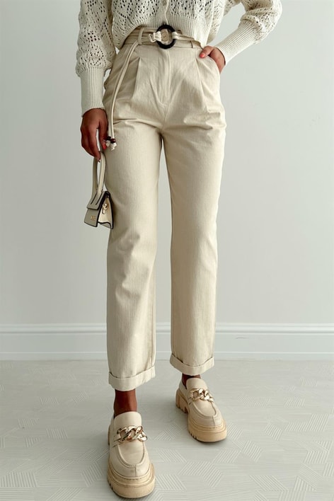 Kemerli Naturel Pantolon Taş