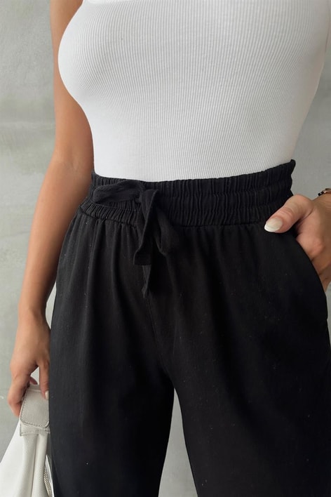 Kesik Paça Keten Jogger Pantolon Siyah