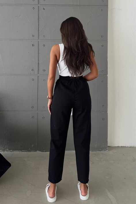 Kesik Paça Keten Jogger Pantolon Siyah