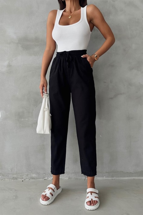 Kesik Paça Keten Jogger Pantolon Siyah