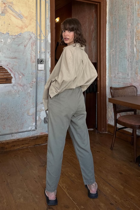 Kesik Paça Keten Jogger Pantolon Haki