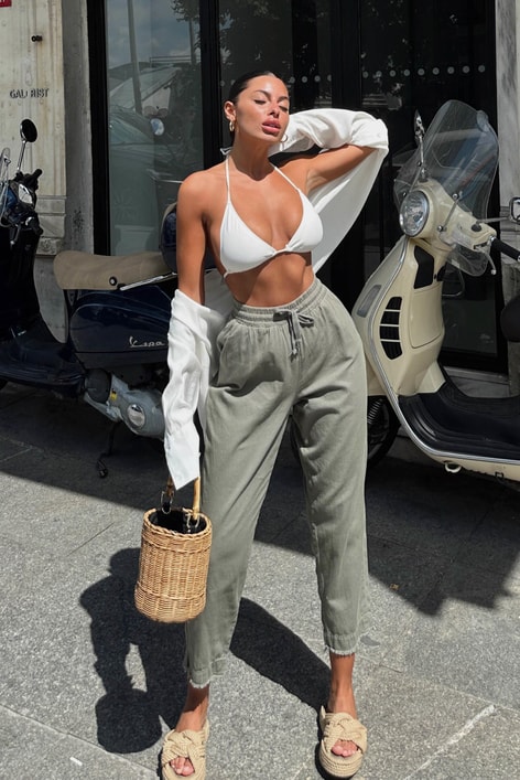 Kesik Paça Keten Jogger Pantolon Haki