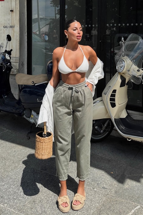 Kesik Paça Keten Jogger Pantolon Haki